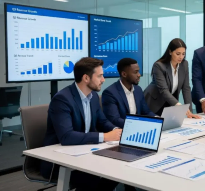 Consultants collaborating around analytics dashboards