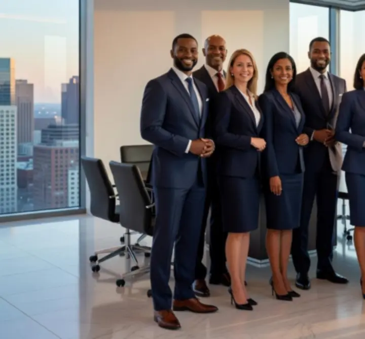 Corporate leadership team in a modern boardroom.