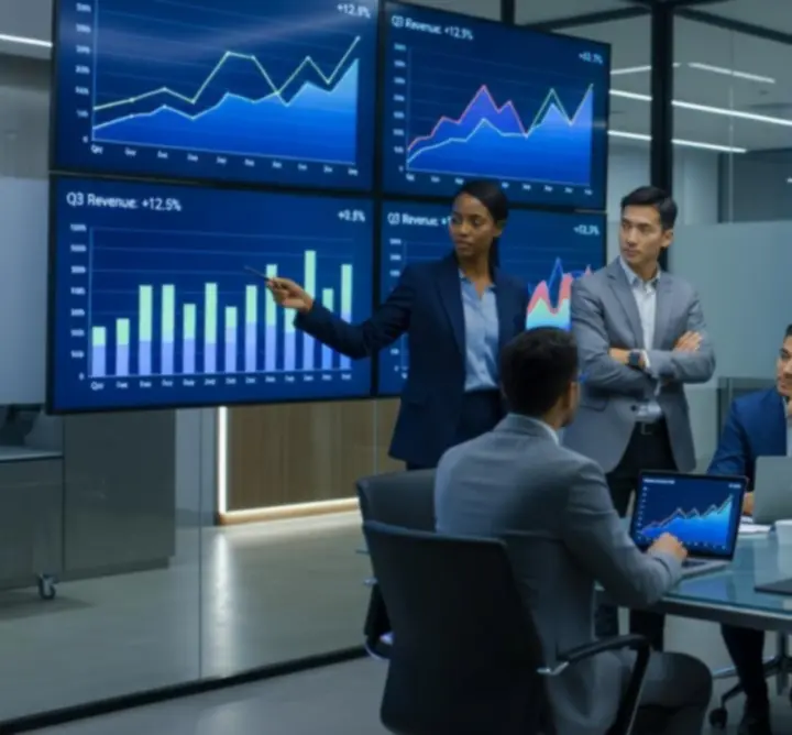 Analytics professionals collaborating over data dashboards