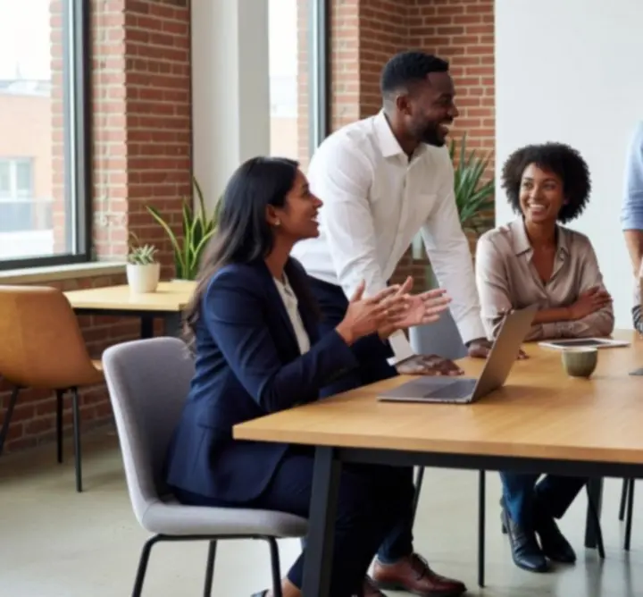 Diverse leadership team collaborating around analytics dashboards