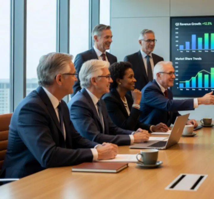 Leadership team in a modern meeting room reviewing analytics