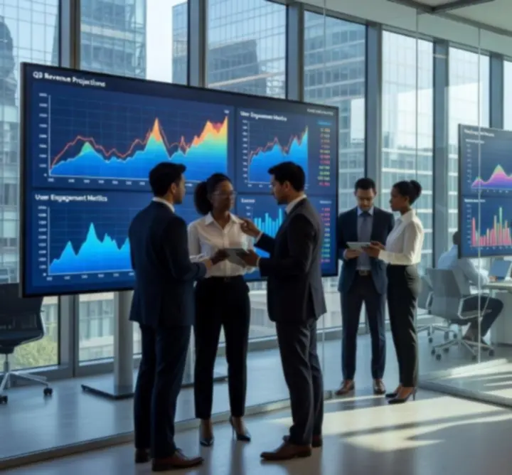 Modern business environment with digital analytics dashboards