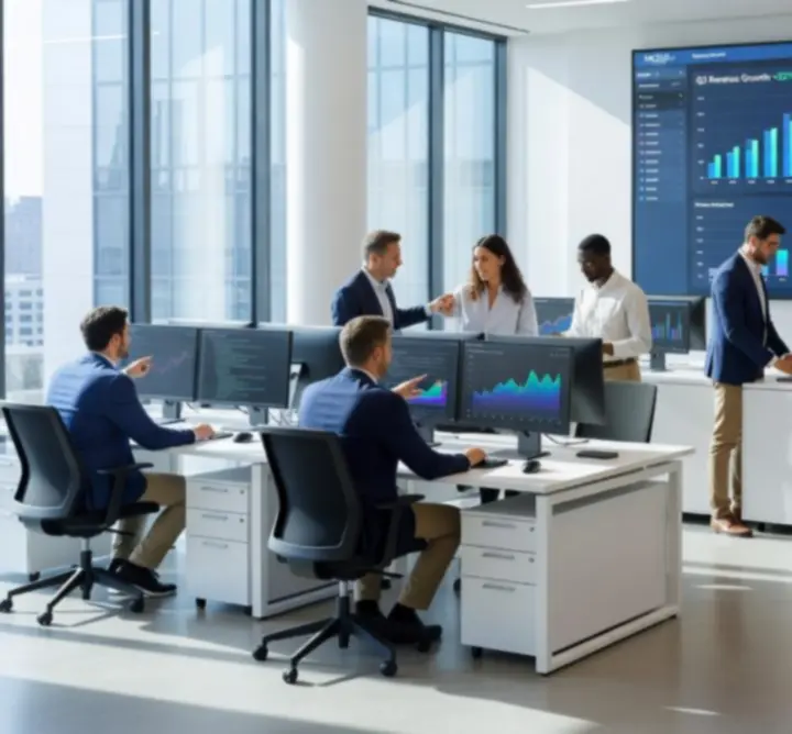 Modern workspace with professionals collaborating around analytics dashboards.